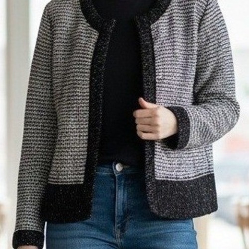Apt. 9 Sweater Jacket Womens Large Petite Black White Metallic Cropped PN42230
